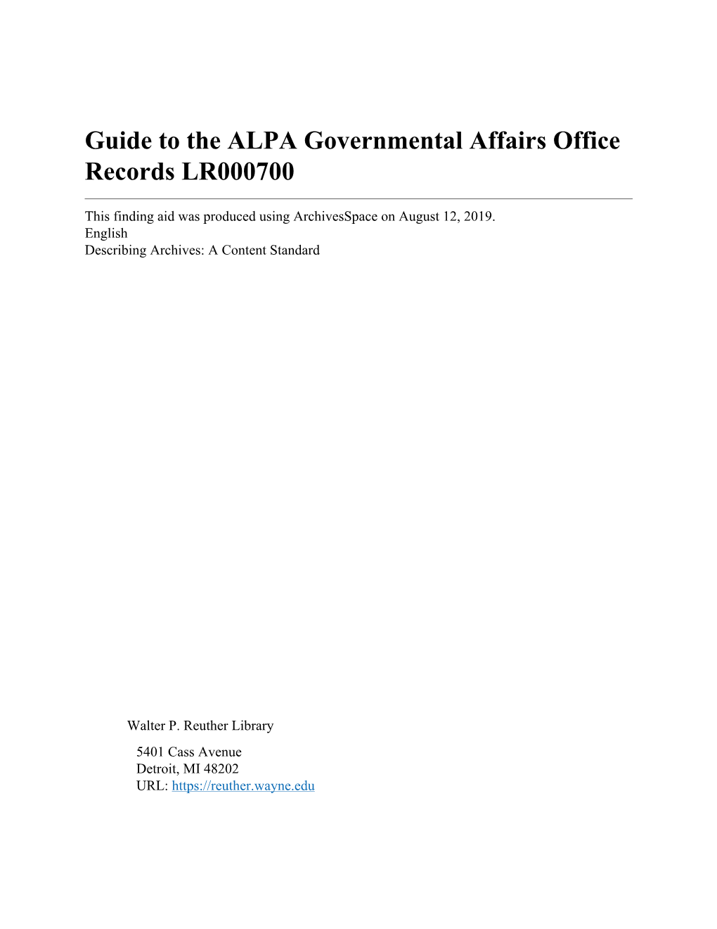 Guide to the ALPA Governmental Affairs Office Records LR000700