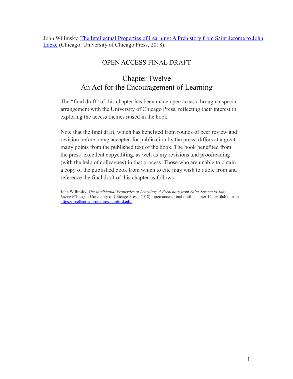 Chapter Twelve an Act for the Encouragement of Learning