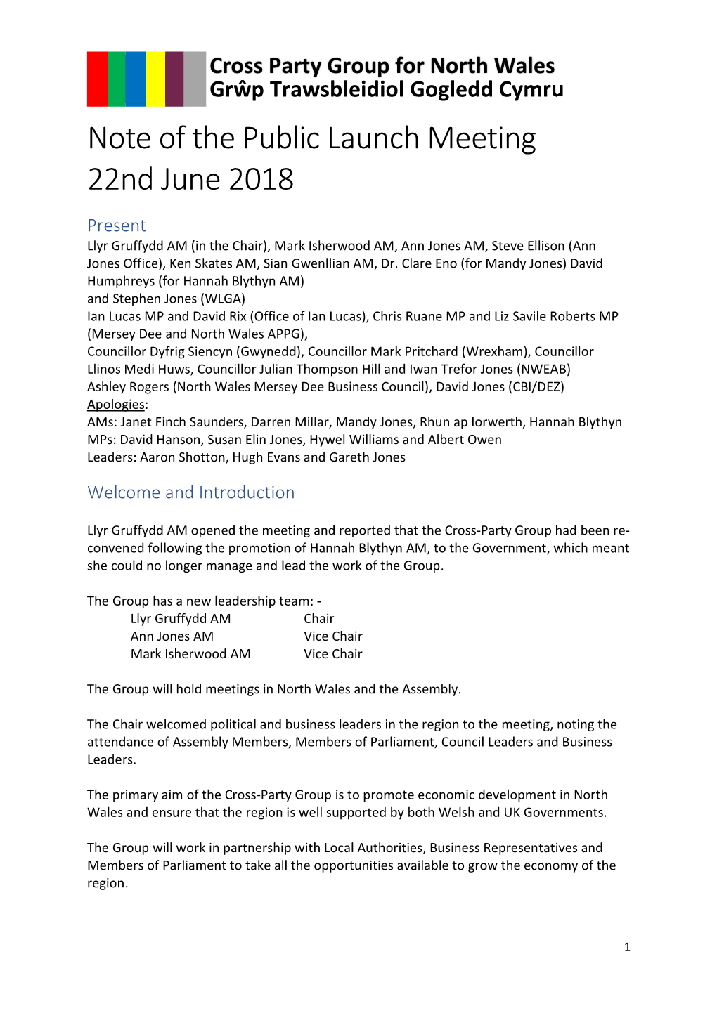 Note of the Public Launch Meeting 22Nd June 2018