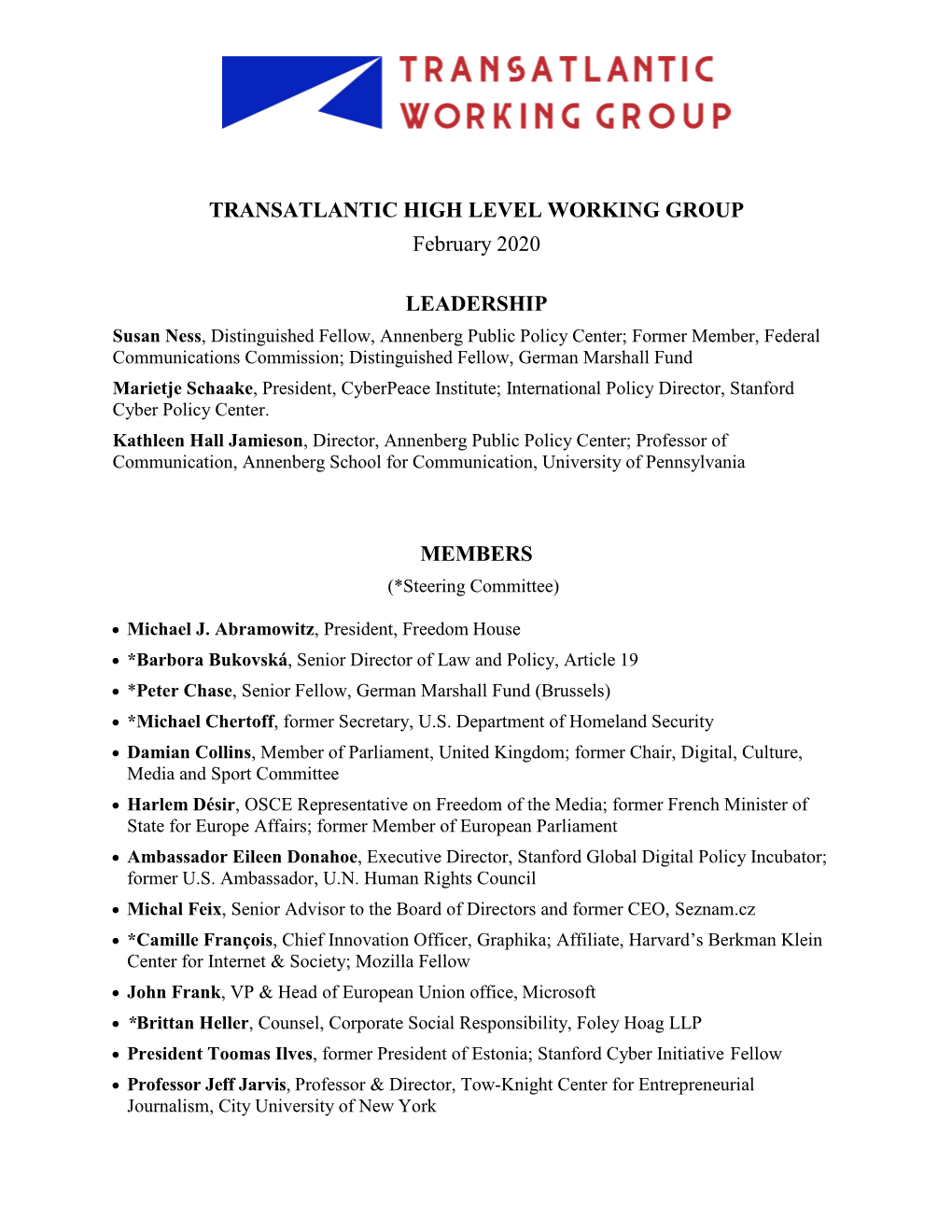 TRANSATLANTIC HIGH LEVEL WORKING GROUP February 2020