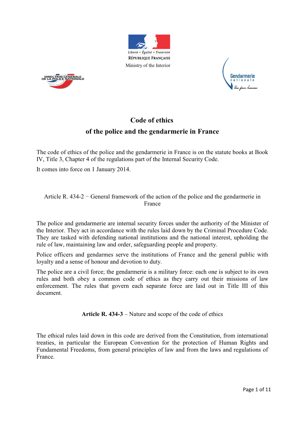 Code of Ethics of the Police and the Gendarmerie in France