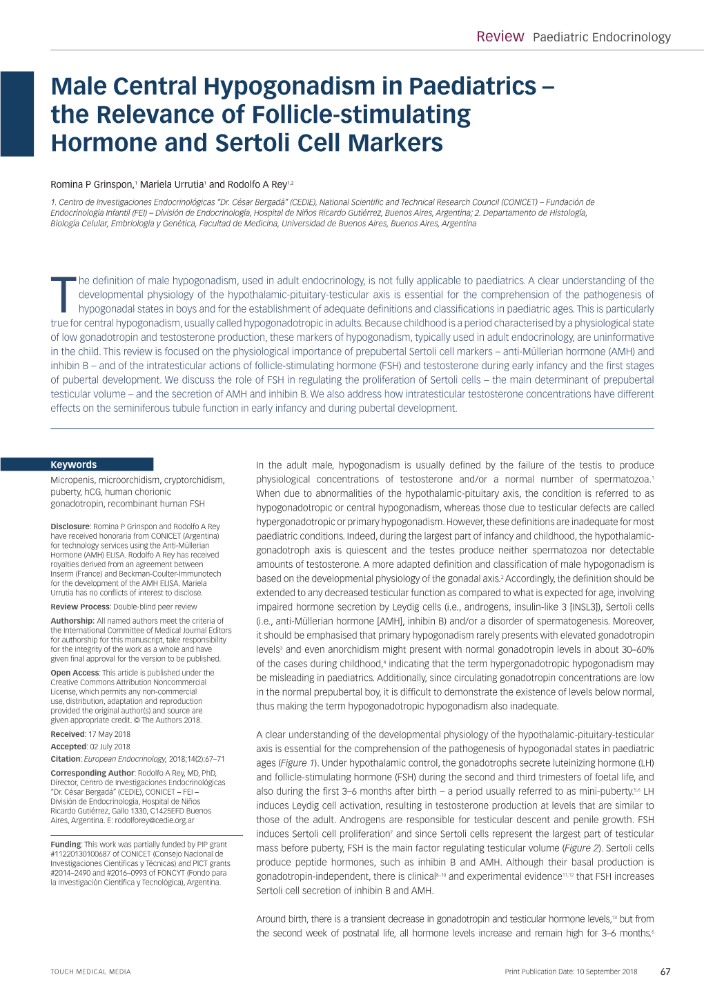 Male Central Hypogonadism in Paediatrics – the Relevance of Follicle-Stimulating Hormone and Sertoli Cell Markers