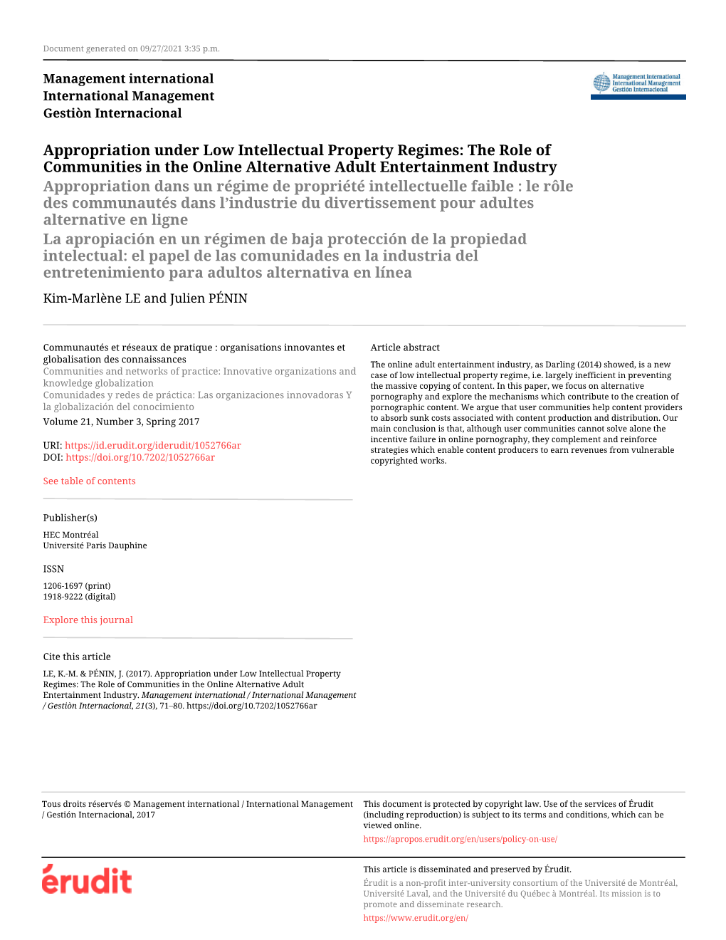 Appropriation Under Low Intellectual Property Regimes: the Role of Communities in the Online Alternative Adult Entertainment