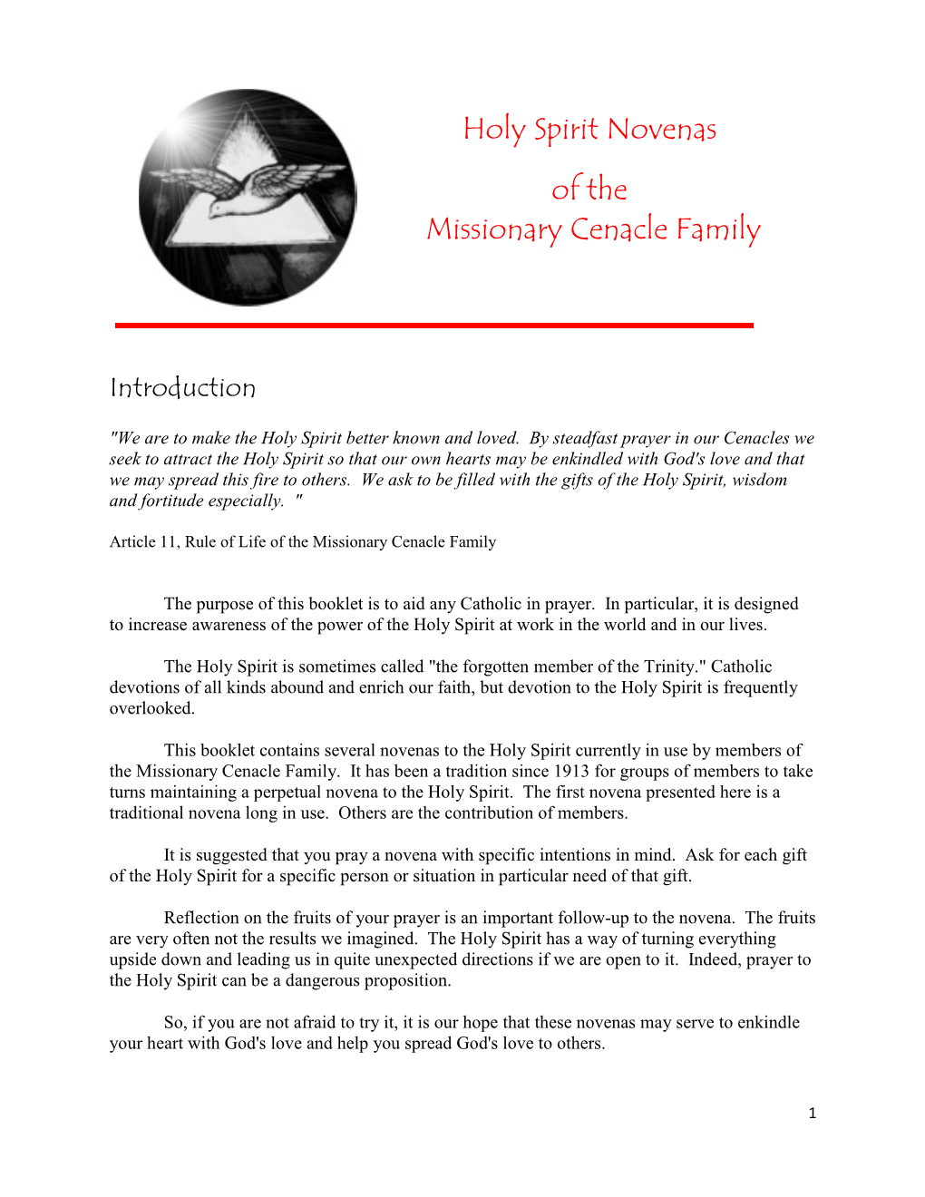 Holy Spirit Novenas of the Missionary Cenacle Family