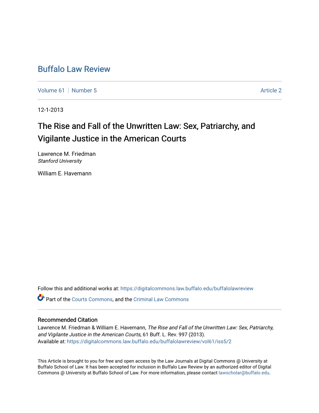 The Rise and Fall of the Unwritten Law: Sex, Patriarchy, and Vigilante Justice in the American Courts