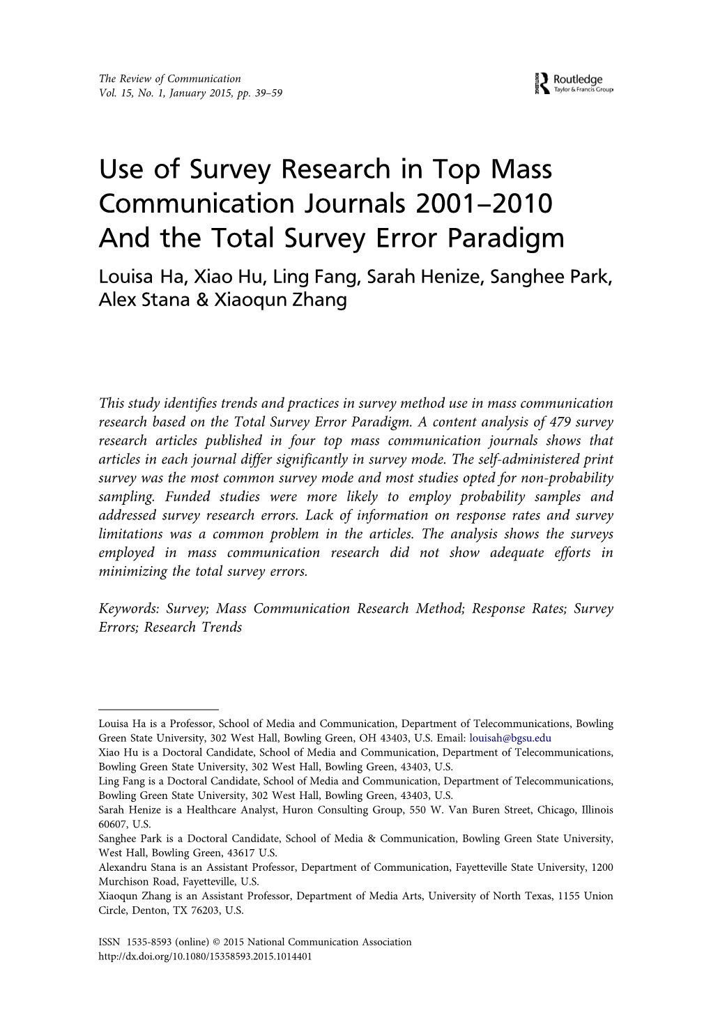 Use of Survey Research in Top Mass Communication Journals 2001