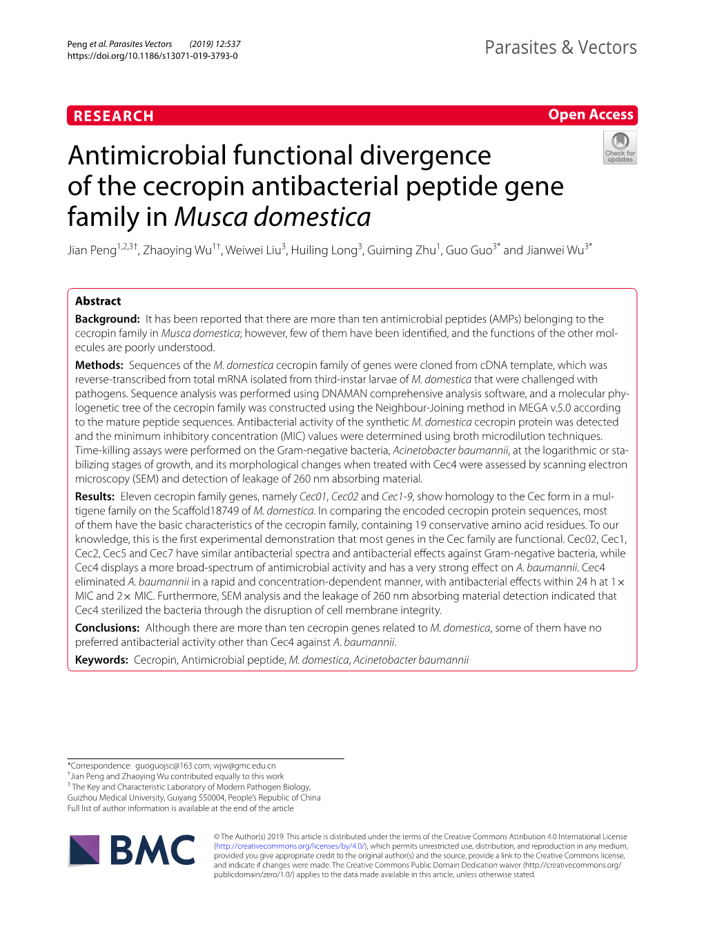 Antimicrobial Functional Divergence of the Cecropin Antibacterial Peptide