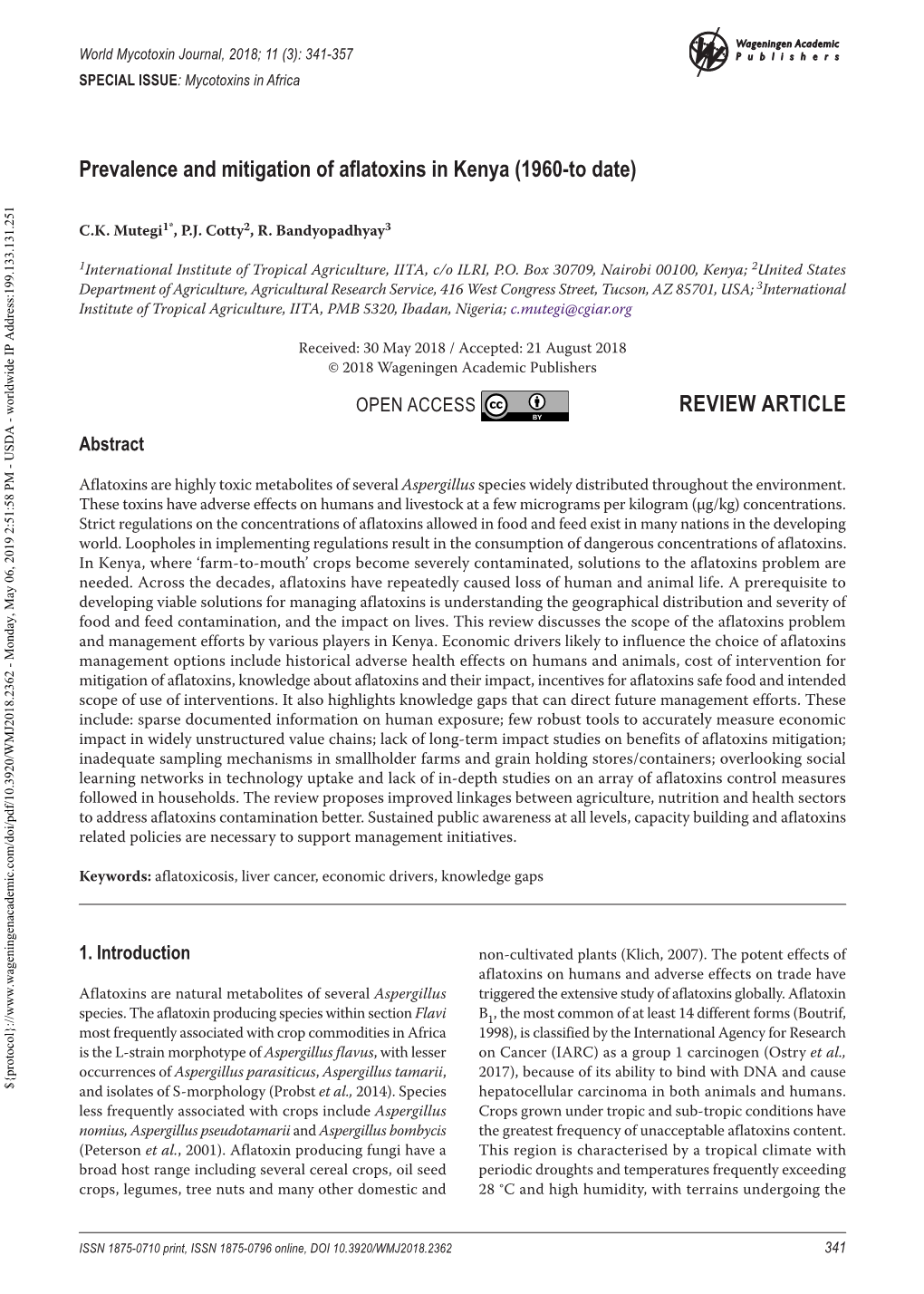 World Mycotoxin Journal, 2018; 11 (3): 341-357 Publishers SPECIAL ISSUE: Mycotoxins in Africa