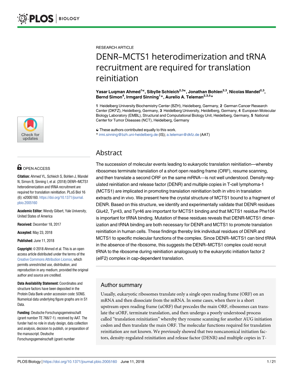 DENR–MCTS1 Heterodimerization and Trna Recruitment Are Required for Translation Reinitiation