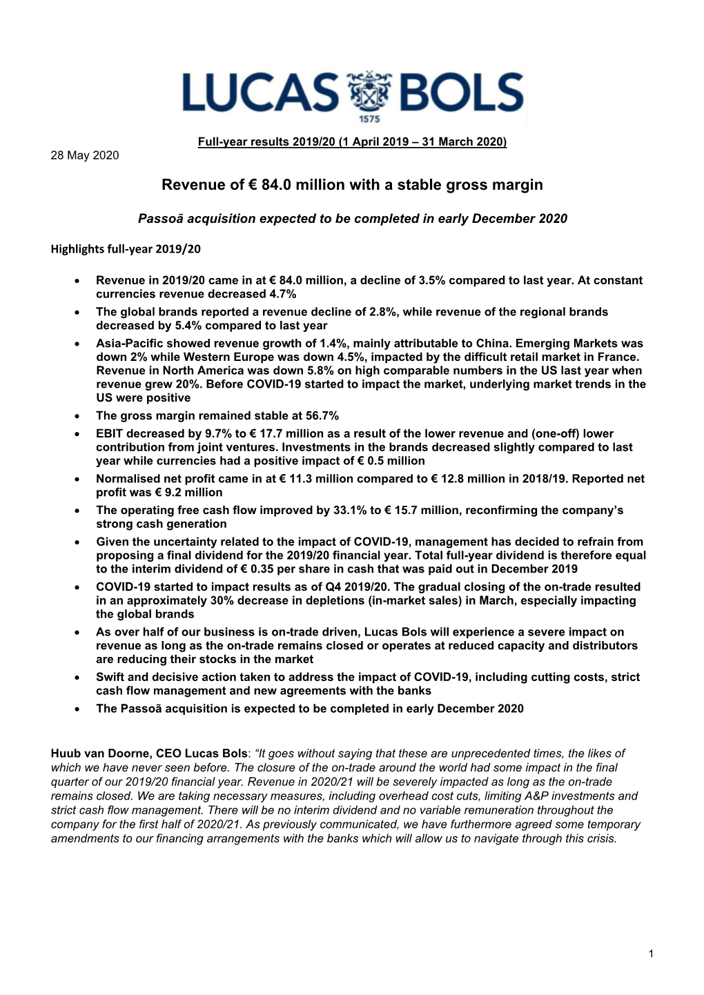 Revenue of € 84.0 Million with a Stable Gross Margin