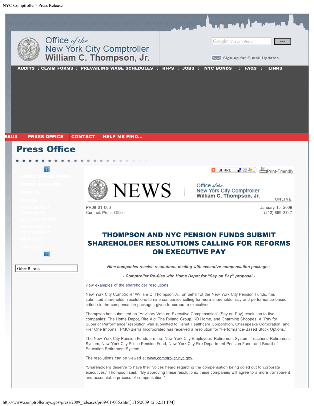 NYC Comptroller's Press Release