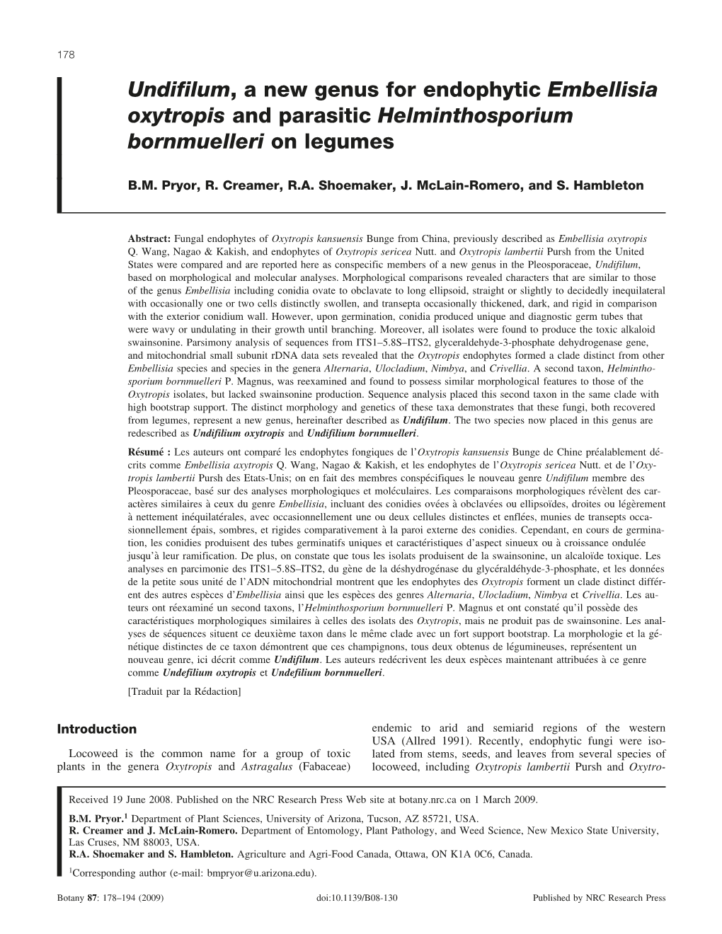 Undifilum, a New Genus for Endophytic Embellisia Oxytropis and Parasitic Helminthosporium Bornmuelleri on Legumes