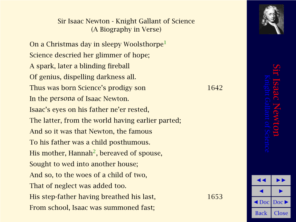 Sir Isaac Newton Doc Knight Gallant of Science Doc   Back  1 , Bereaved of Spouse, 2 (A Biography in Verse) of Isaac Newton