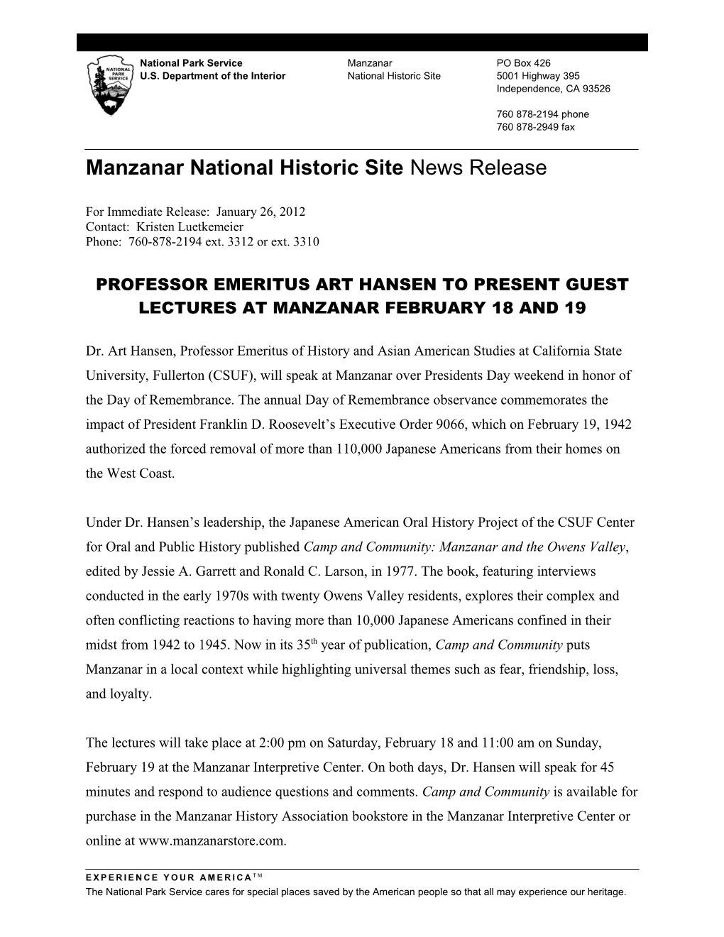 Manzanar National Historic Site News Release s3