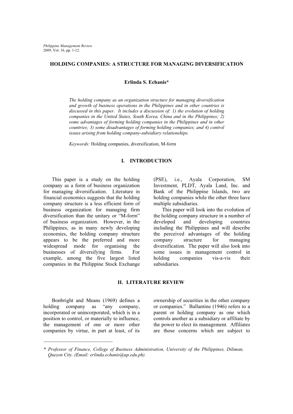 Holding Companies: a Structure for Managing Diversification