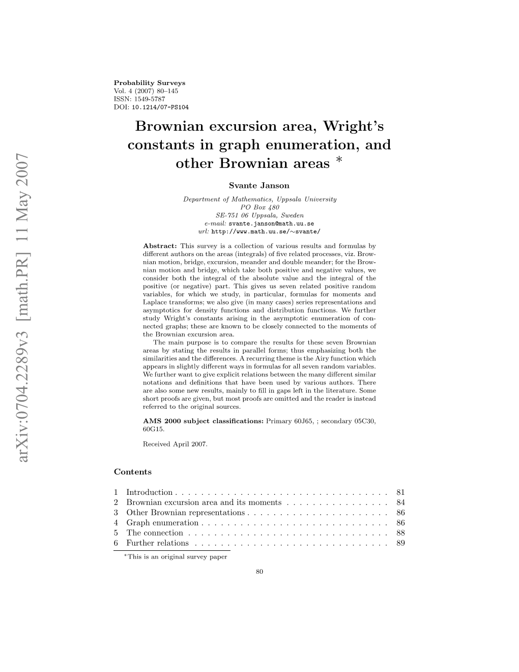 Brownian Excursion Area, Wright's Constants in Graph Enumeration