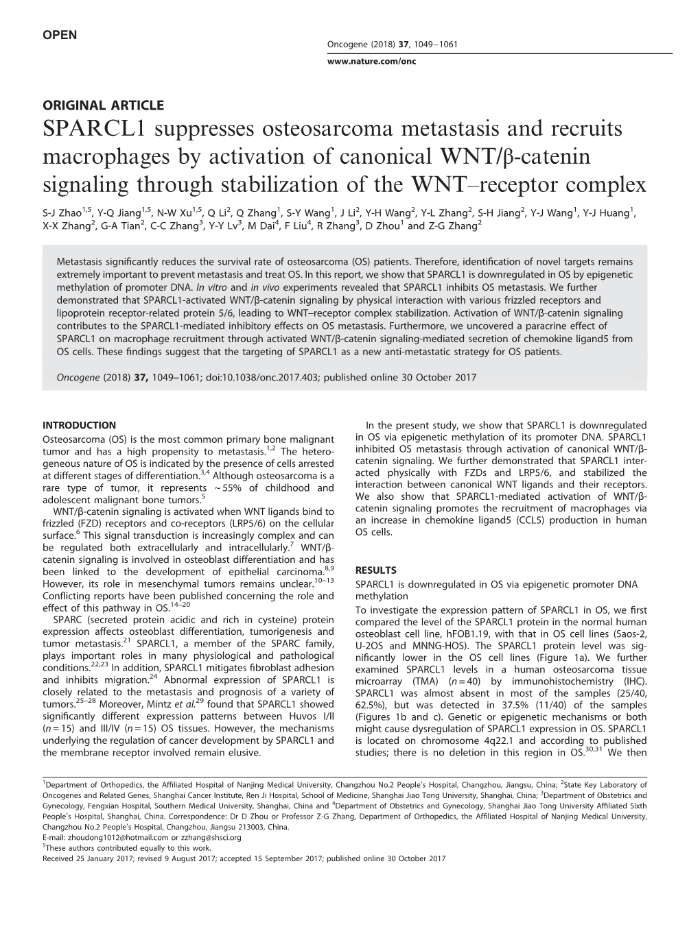 SPARCL1 Suppresses Osteosarcoma Metastasis and Recruits Macrophages by Activation of Canonical WNT/Β-Catenin Signaling Through