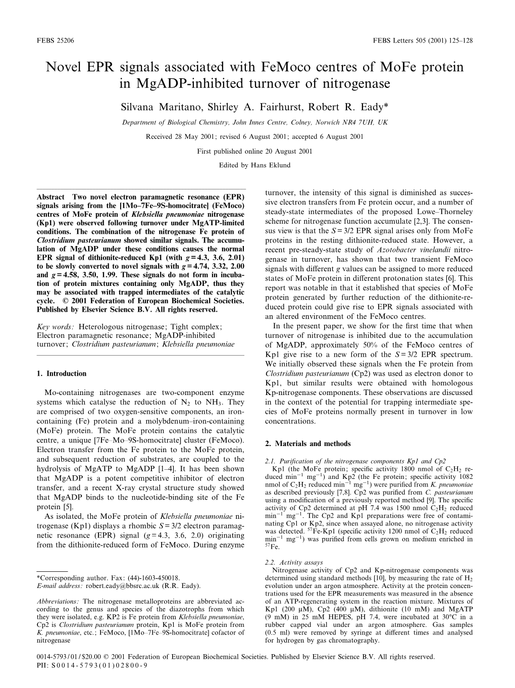 Novel EPR Signals Associated with Femoco Centres of Mofe Protein in Mgadp-Inhibited Turnover of Nitrogenase