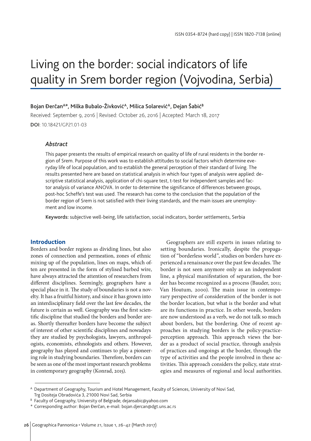 Living on the Border: Social Indicators of Life Quality in Srem Border Region (Vojvodina, Serbia)