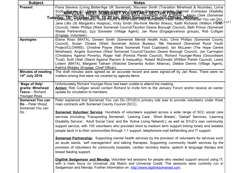 Minutes: West Somerset Voluntary Sector Forum