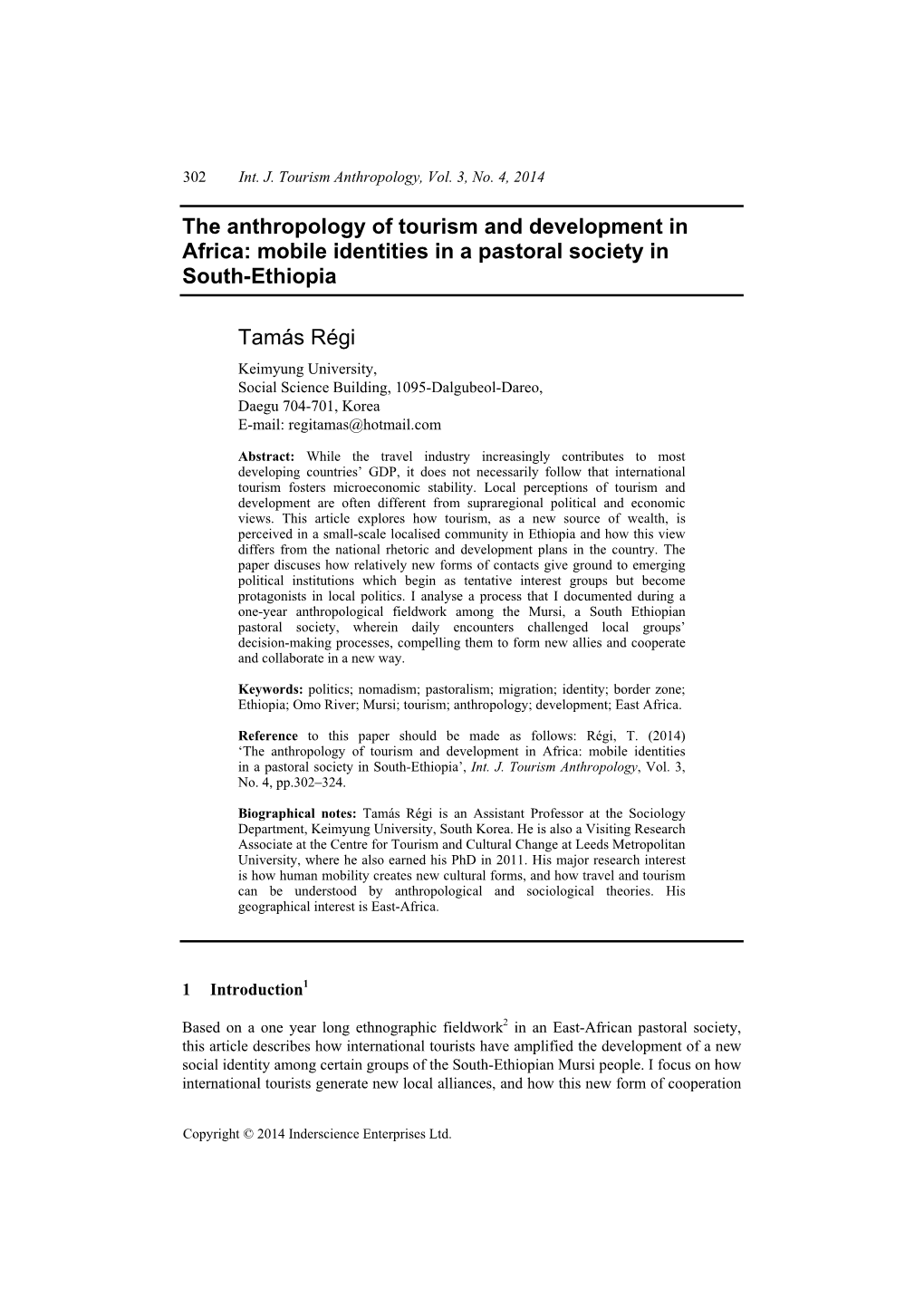 The Anthropology of Tourism and Development in Africa: Mobile Identities in a Pastoral Society in South-Ethiopia