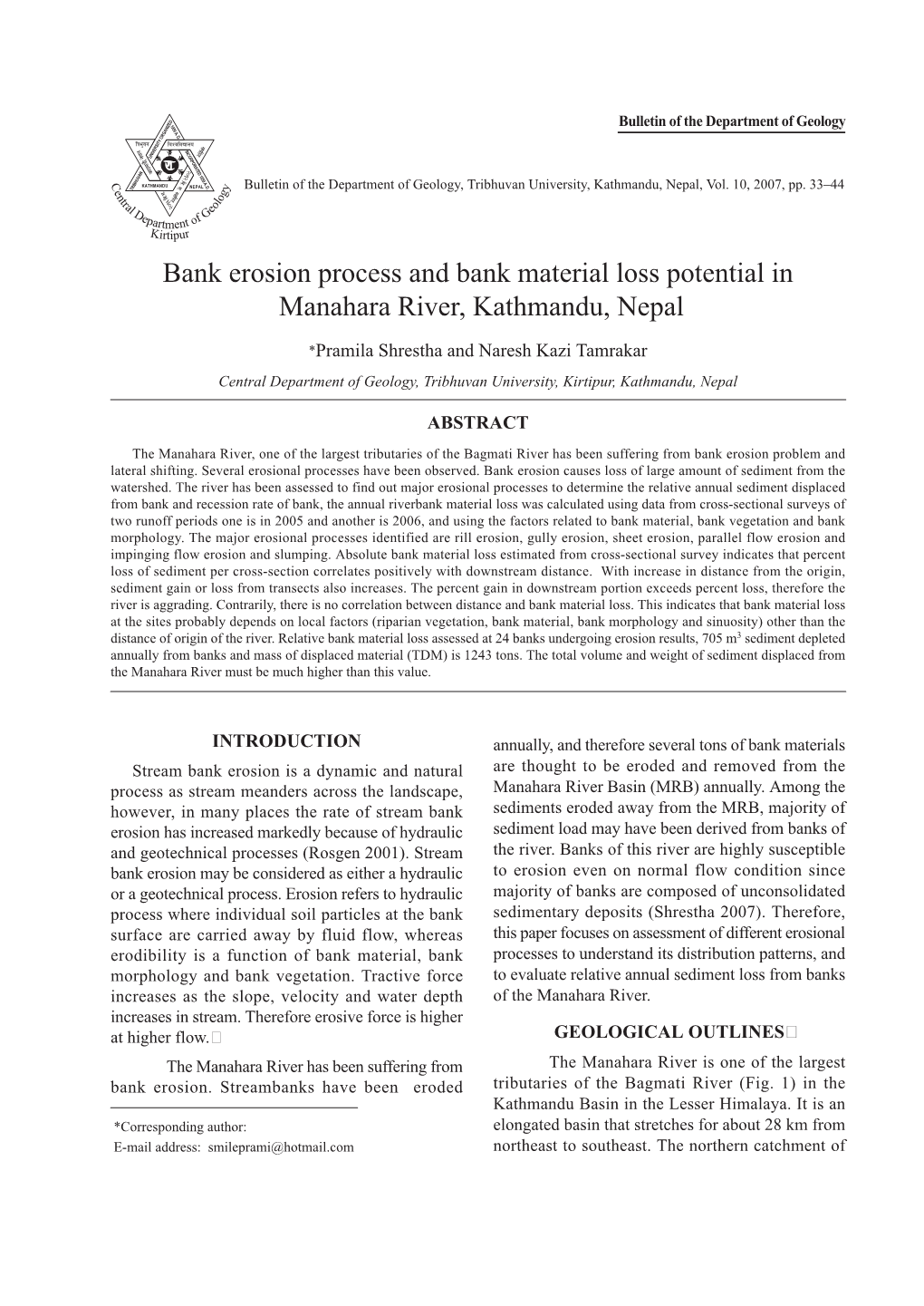 Bank Erosion Process and Bank Material Loss Potential in Manahara River, Kathmandu, Nepal