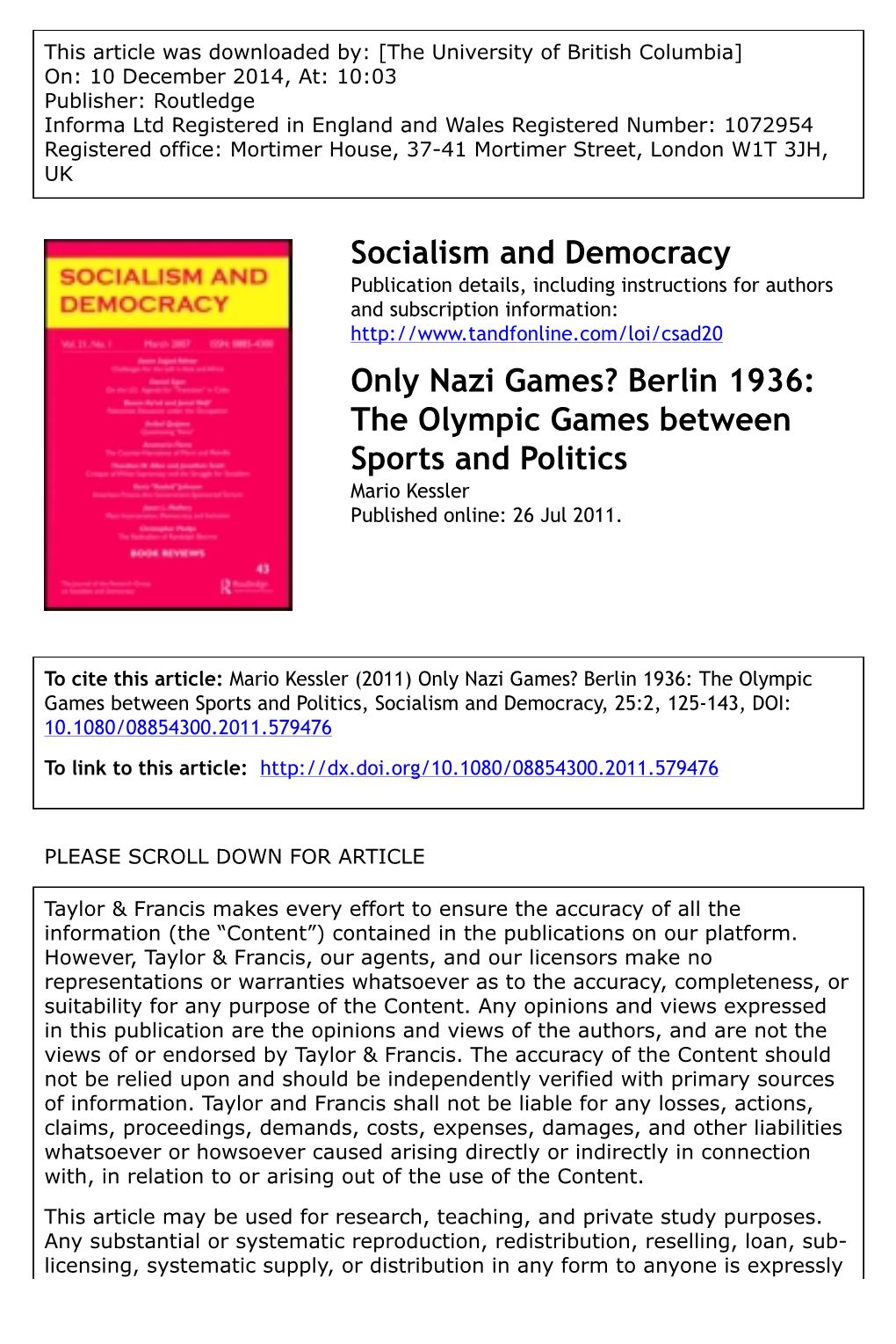 Socialism and Democracy Only Nazi Games? Berlin 1936