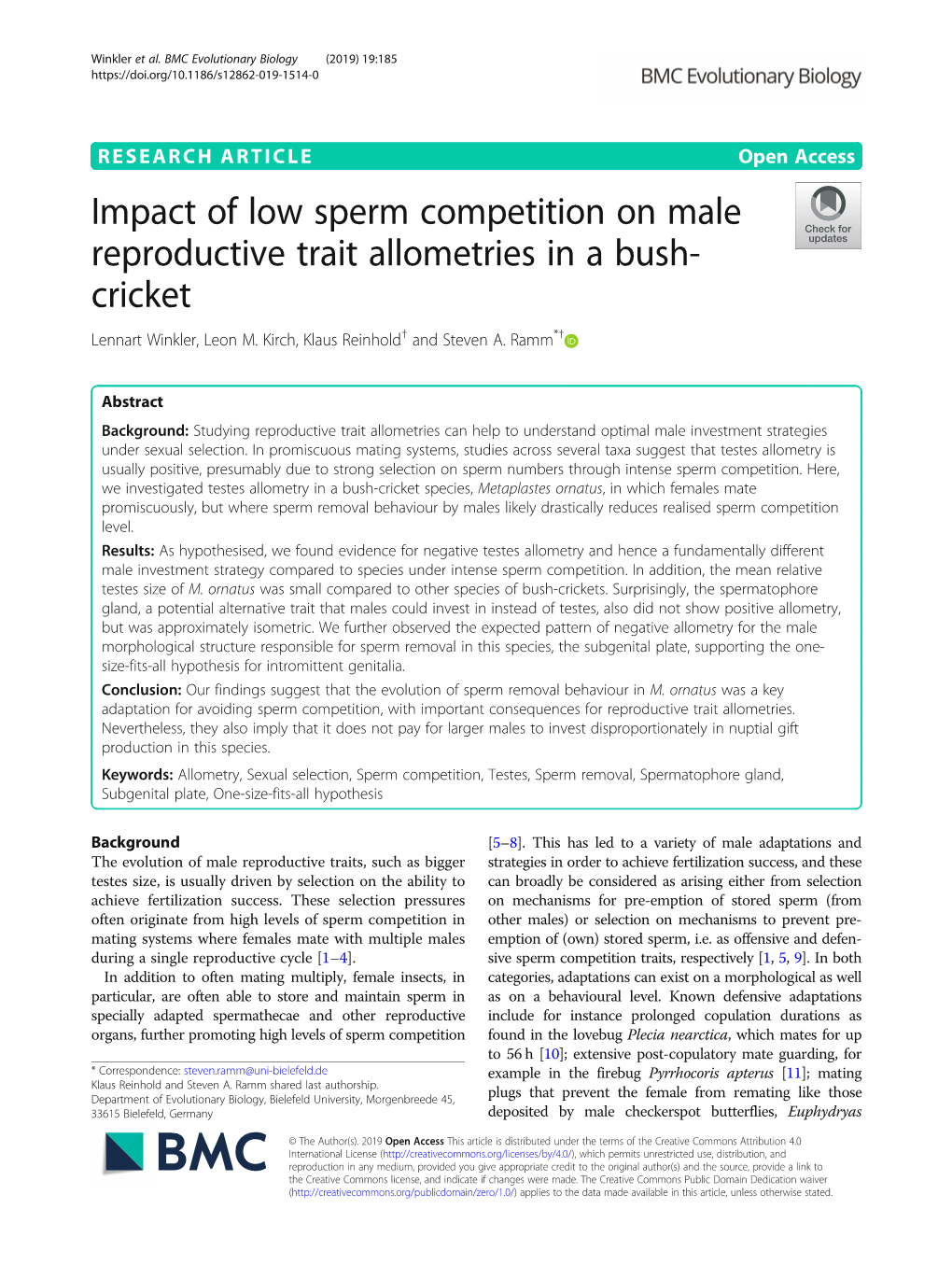 Impact of Low Sperm Competition on Male Reproductive Trait Allometries in a Bush- Cricket Lennart Winkler, Leon M