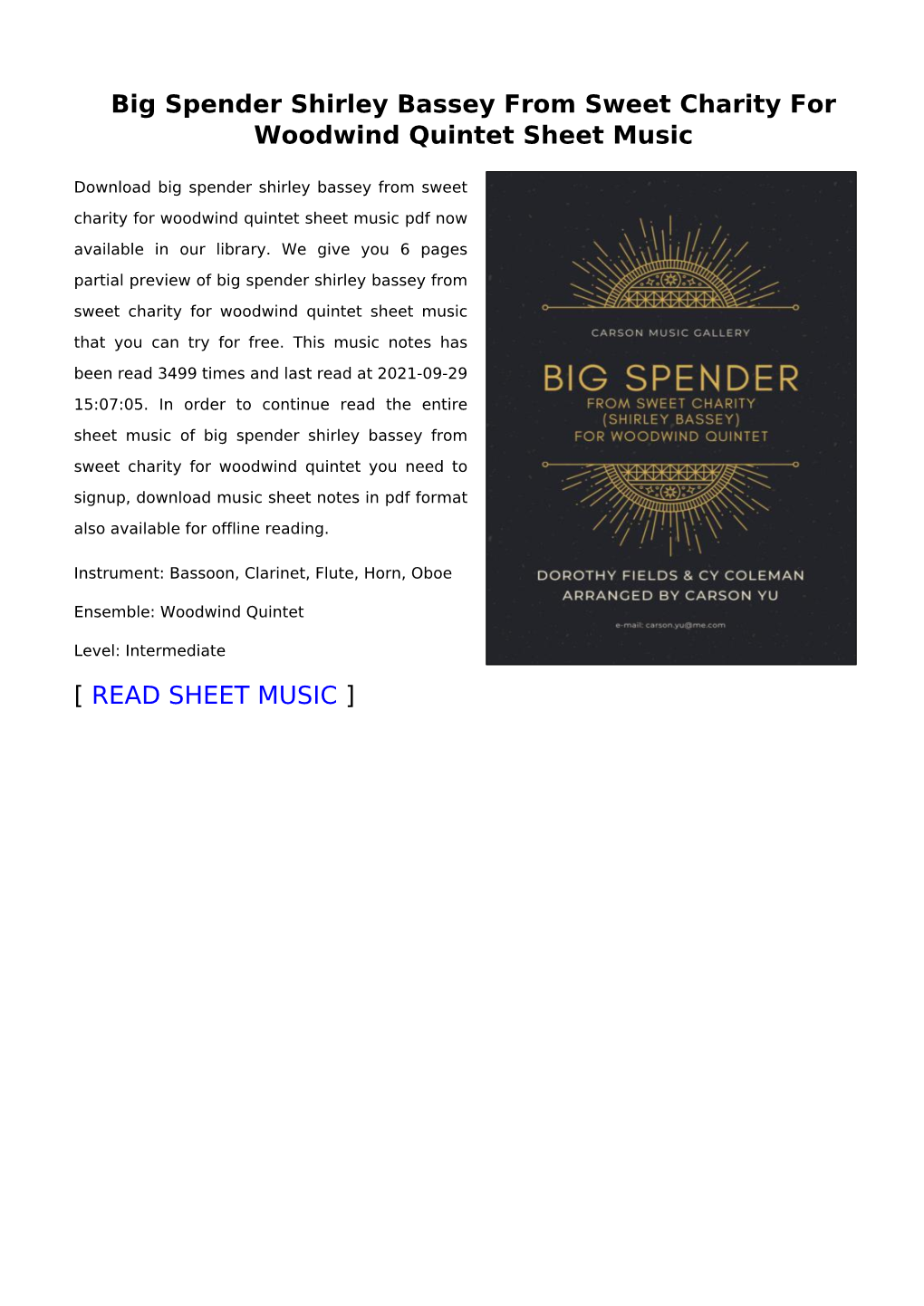 Big Spender Shirley Bassey from Sweet Charity for Woodwind Quintet Sheet Music
