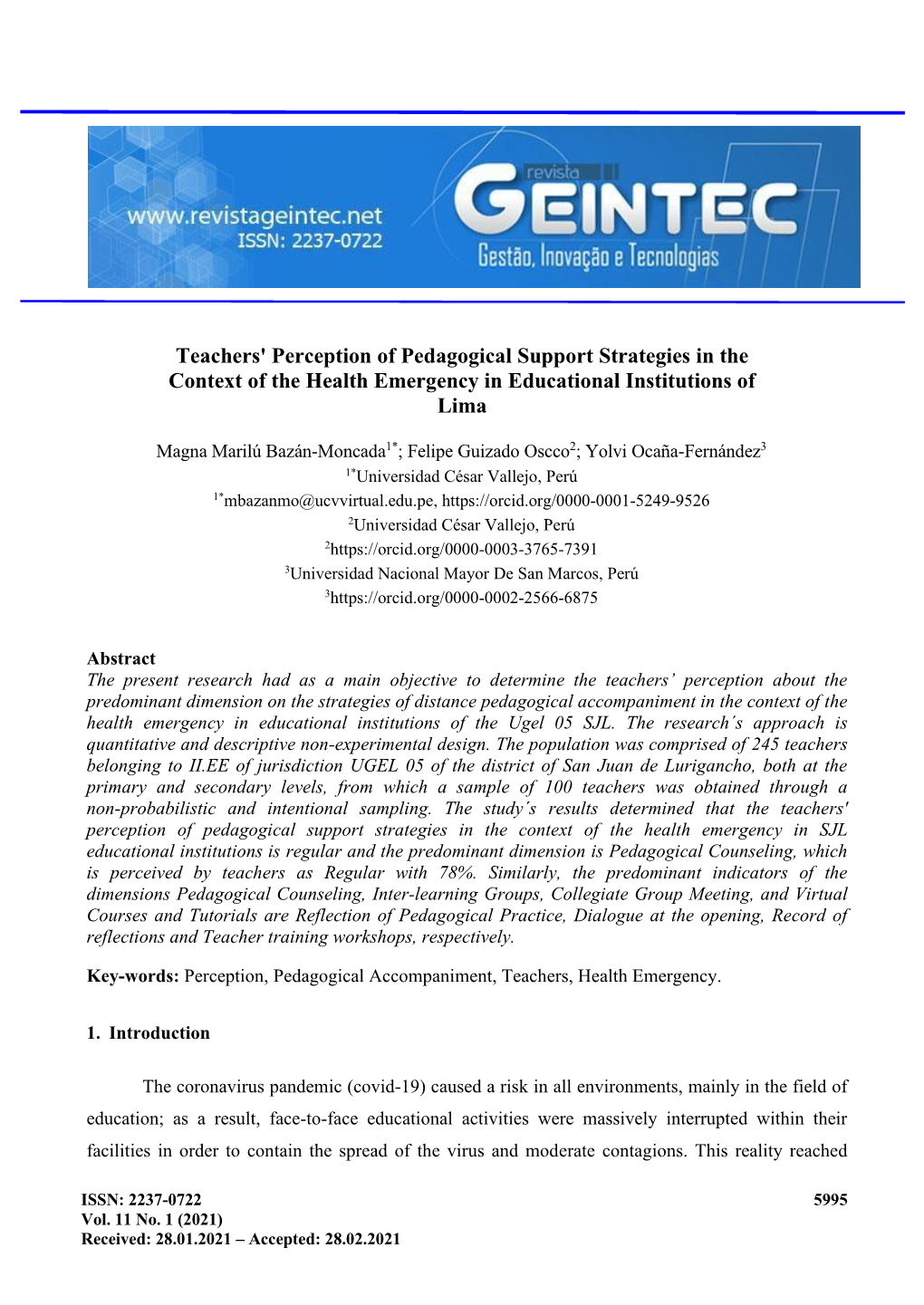 Teachers' Perception of Pedagogical Support Strategies in the Context of the Health Emergency in Educational Institutions of Lima