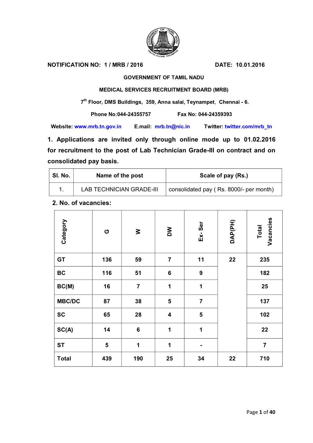 Notification for Lab Technician Grade