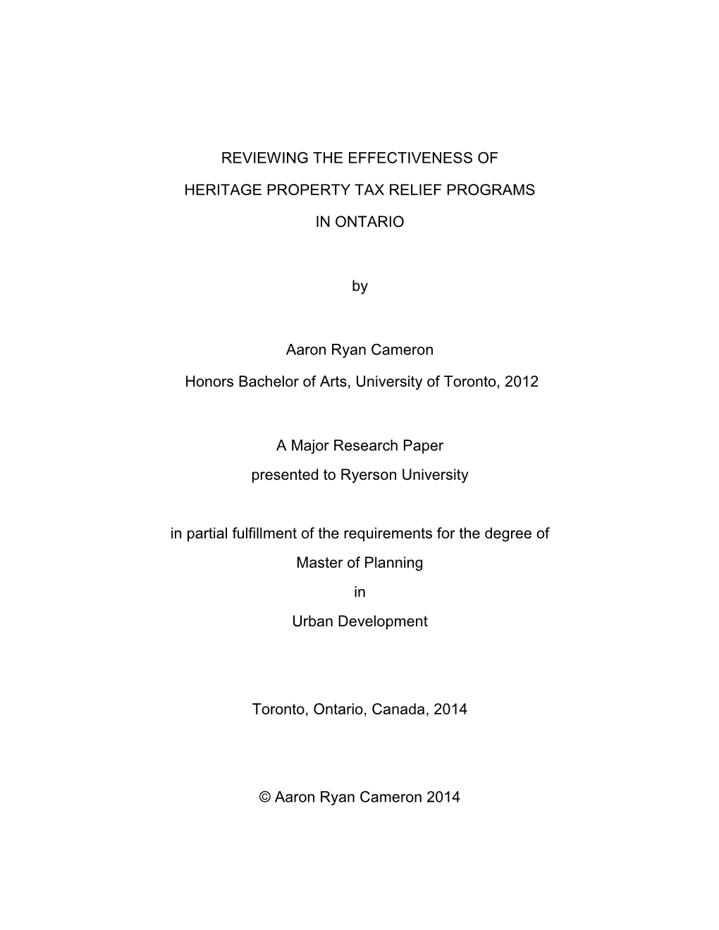 Reviewing the Effectiveness of Heritage Property Tax Relief Programs in Ontario