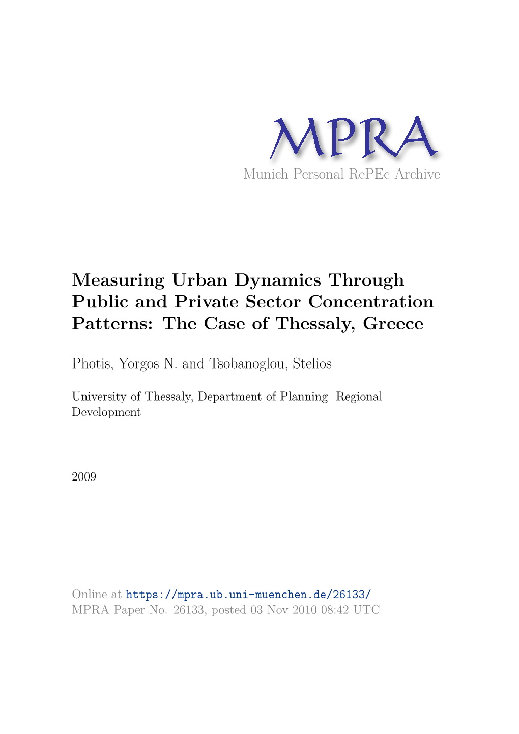 Measuring Urban Dynamics Through Public and Private Sector Concentration Patterns: the Case of Thessaly, Greece