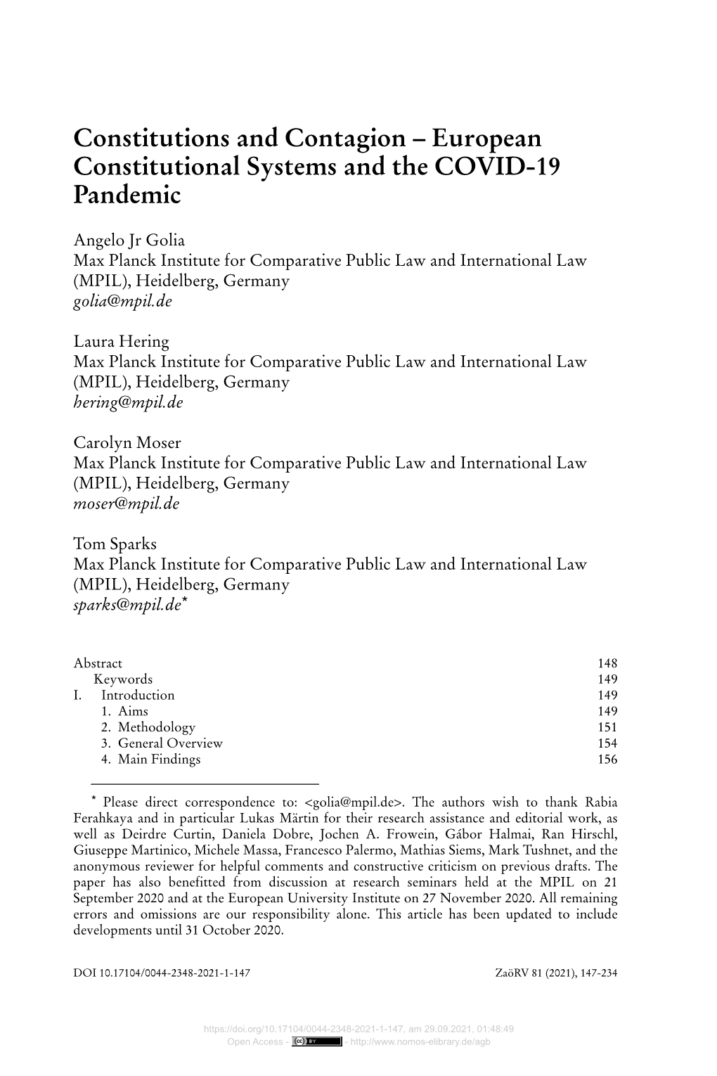 European Constitutional Systems and the COVID-19 Pandemic