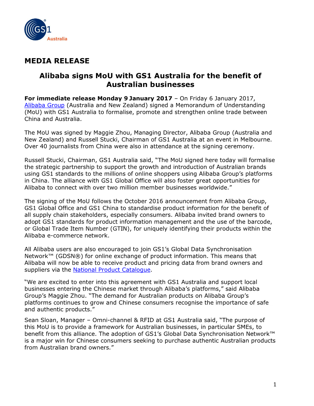 MEDIA RELEASE Alibaba Signs Mou with GS1 Australia for the Benefit Of