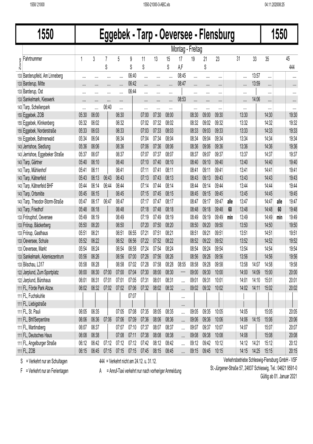 1550 Eggebek - Tarp - Oeversee - Flensburg 1550 Montag - Freitag Fahrtnummer 1375911131517192123 31 33 35 45