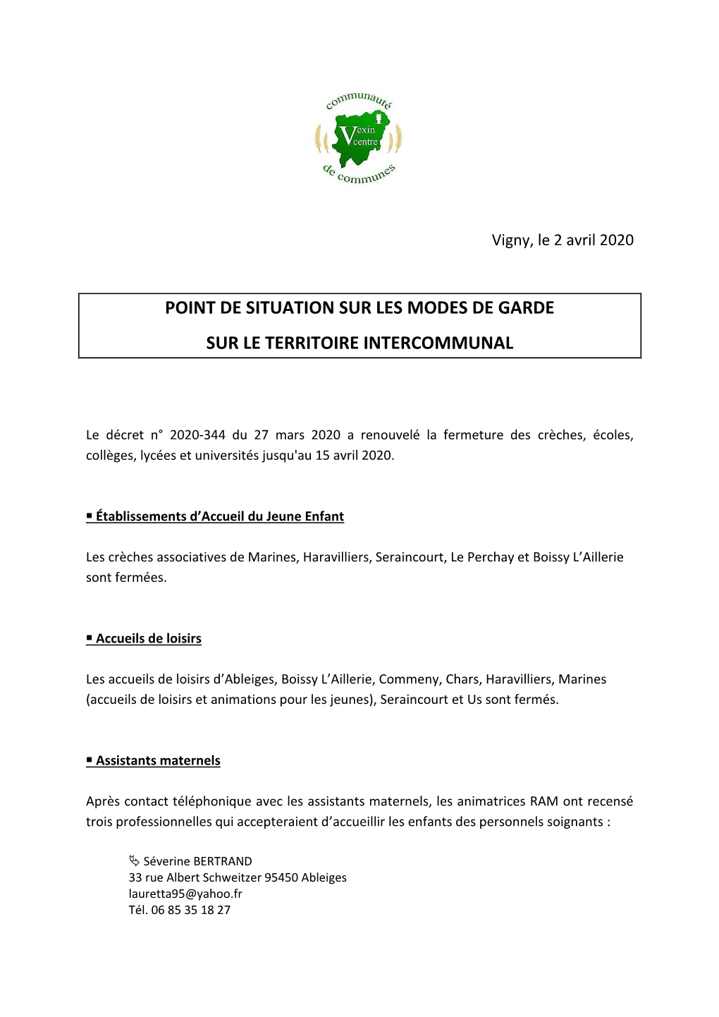 Point De Situation Sur Les Modes De Garde Sur Le Territoire Intercommunal