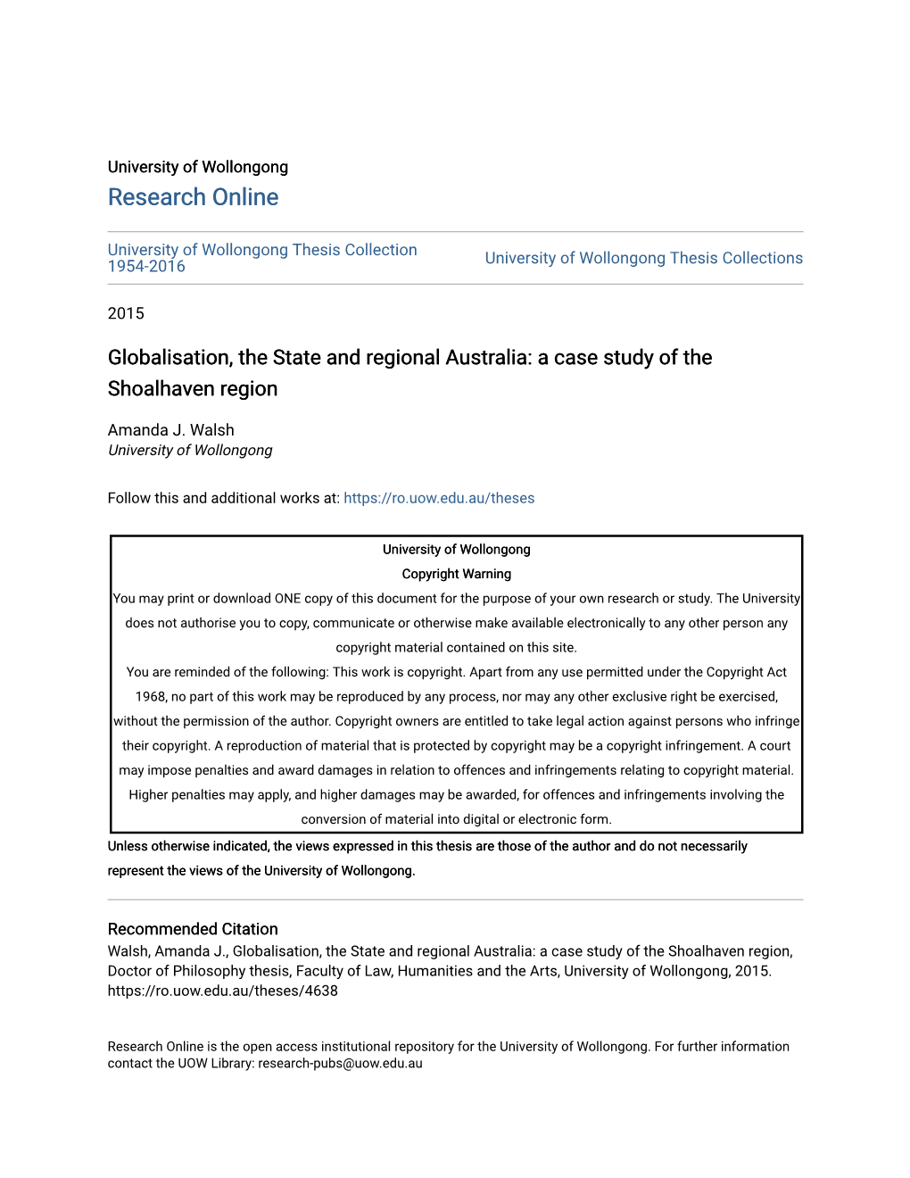 Globalisation, the State and Regional Australia: a Case Study of the Shoalhaven Region