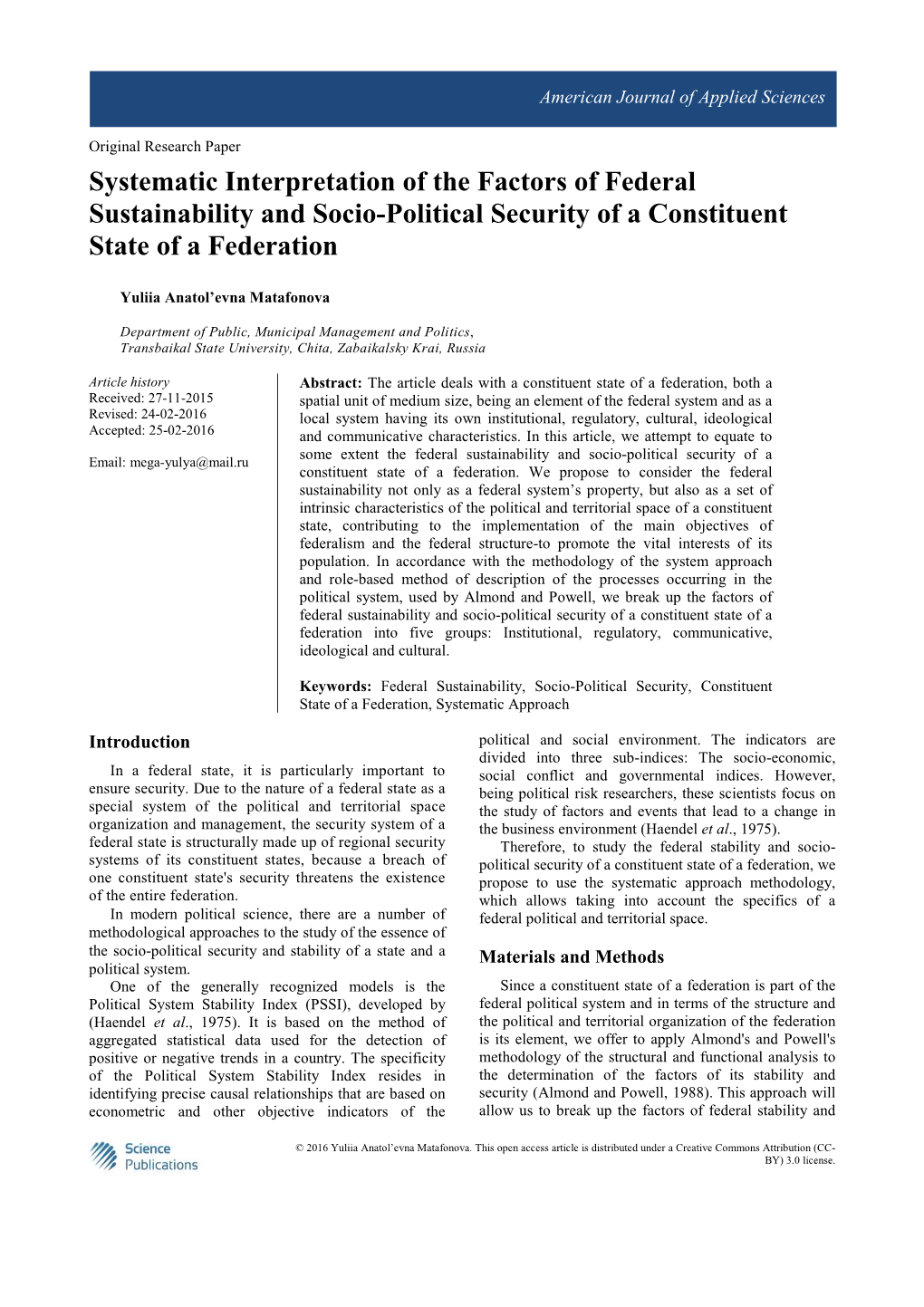 Systematic Interpretation of the Factors of Federal Sustainability and Socio-Political Security of a Constituent State of a Federation