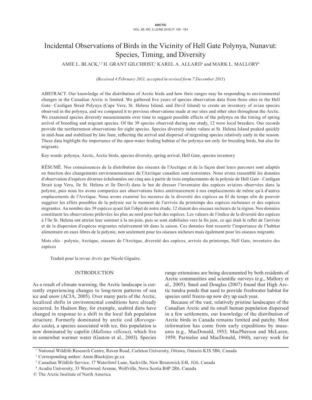 Incidental Observations of Birds in the Vicinity of Hell Gate Polynya, Nunavut: Species, Timing, and Diversity Amie L