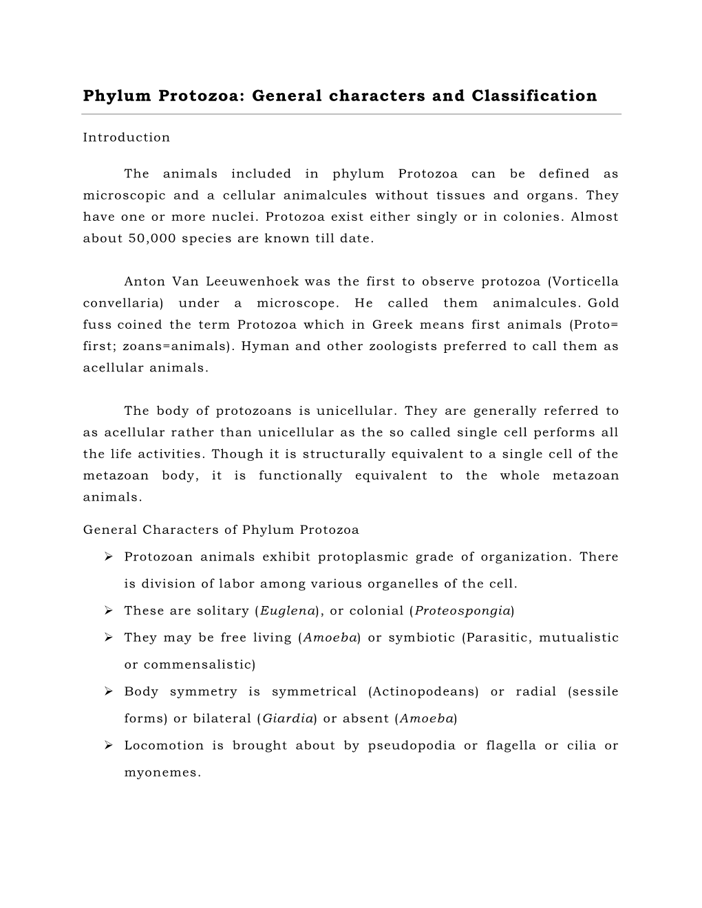 Phylum Protozoa: General Characters and Classification