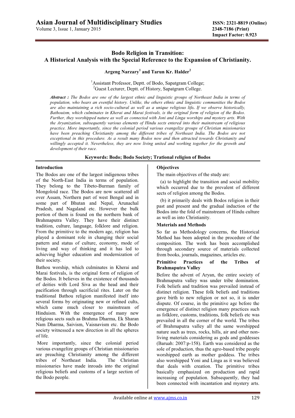 Asian Journal of Multidisciplinary Studies ISSN: 2321-8819 (Online) Volume 3, Issue 1, January 2015 2348-7186 (Print) Impact Factor: 0.923