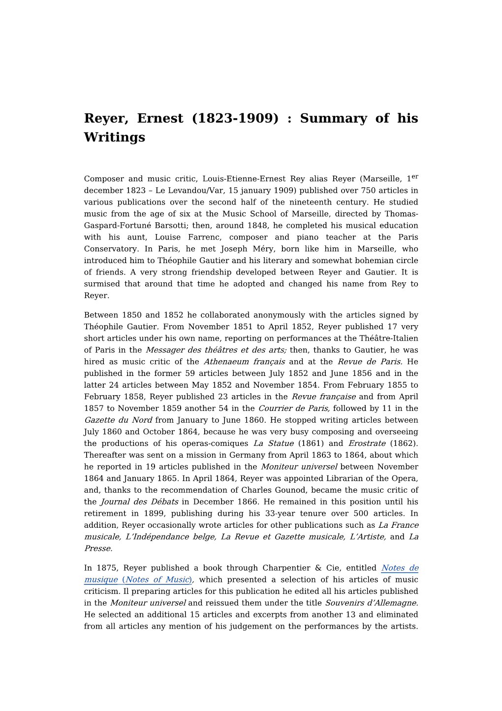 Reyer, Ernest (1823-1909) : Summary of His Writings