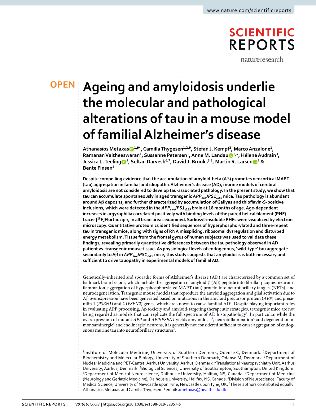 Ageing and Amyloidosis Underlie the Molecular and Pathological Alterations of Tau in a Mouse Model of Familial Alzheimer's