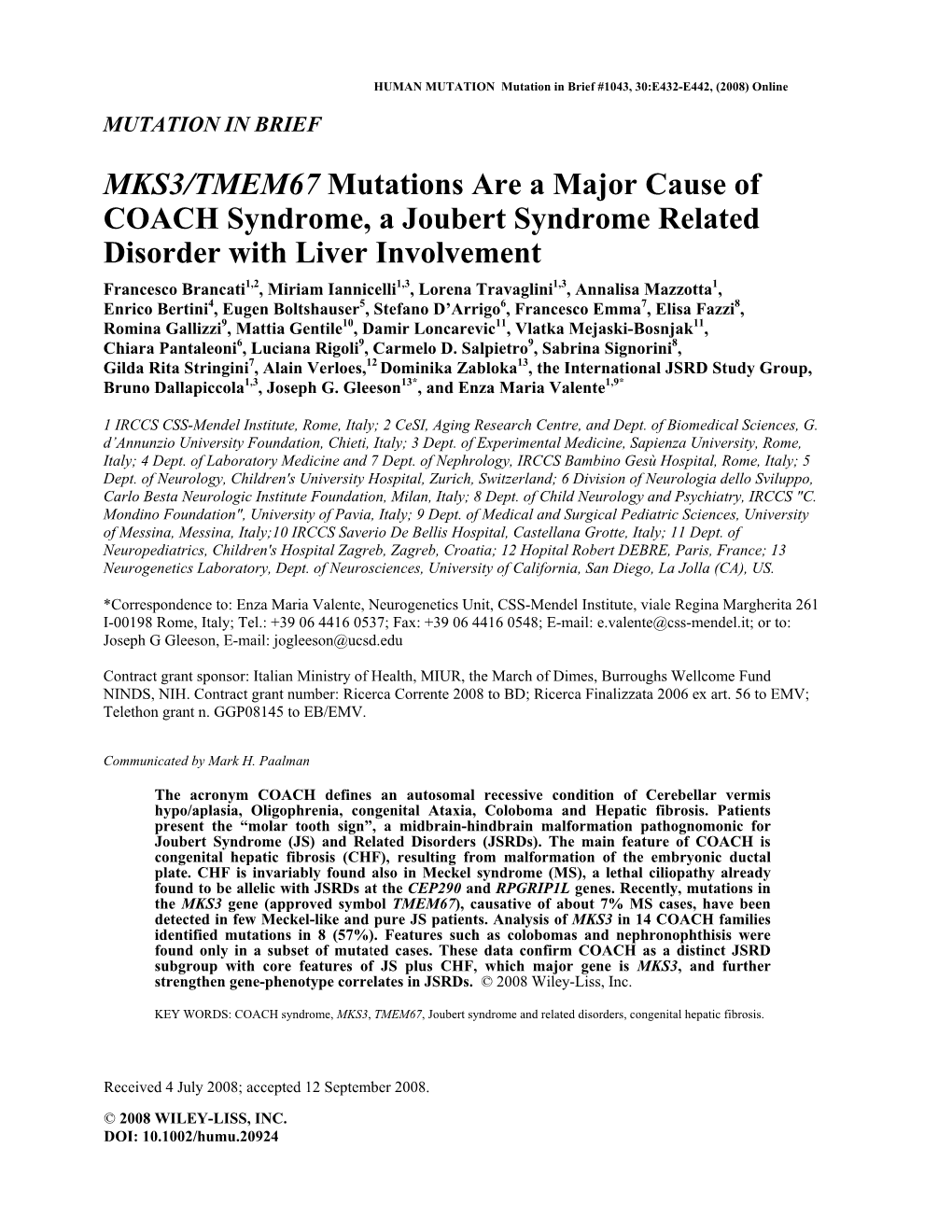 MKS3/TMEM67 Mutations Are a Major Cause of COACH Syndrome, A