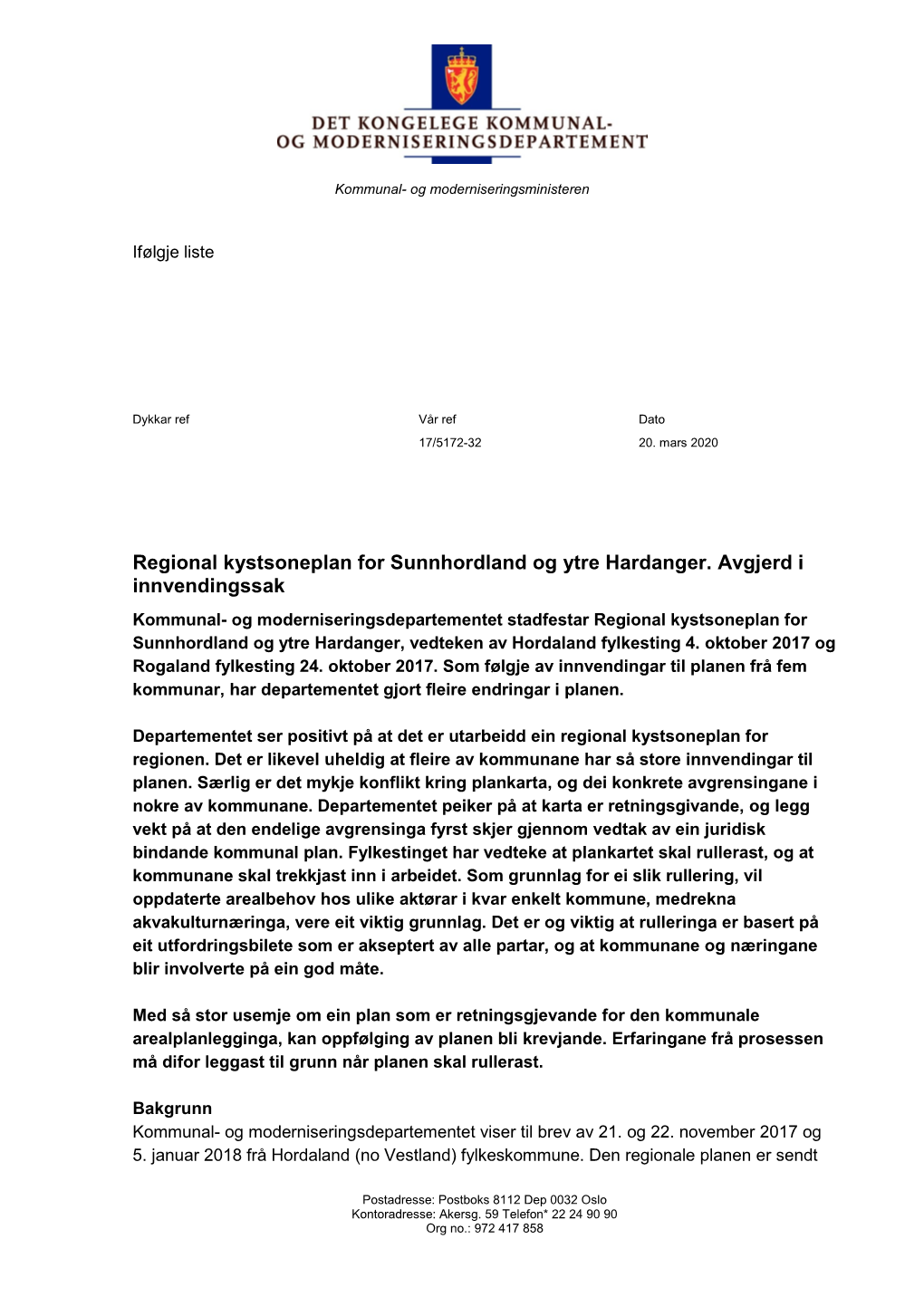 Regional Kystsoneplan for Sunnhordland Og Ytre Hardanger