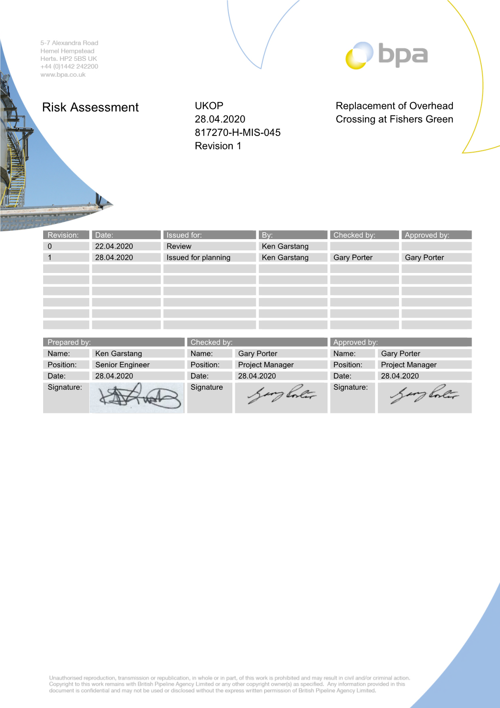 Risk Assessment UKOP Replacement of Overhead 28.04.2020 Crossing at Fishers Green 817270-H-MIS-045 Revision 1