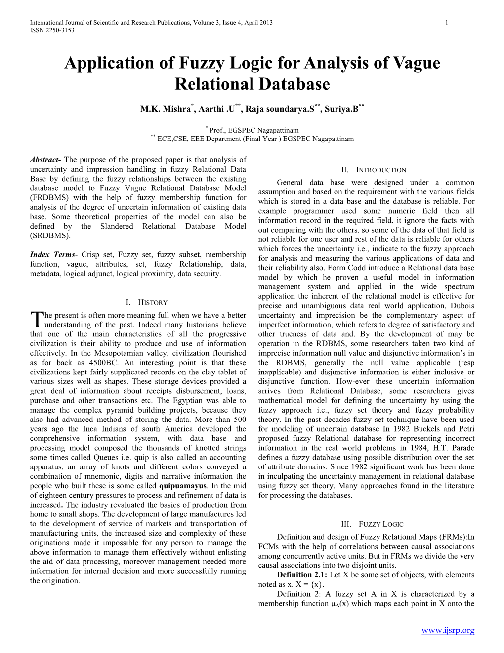 Application of Fuzzy Logic for Analysis of Vague Relational Database