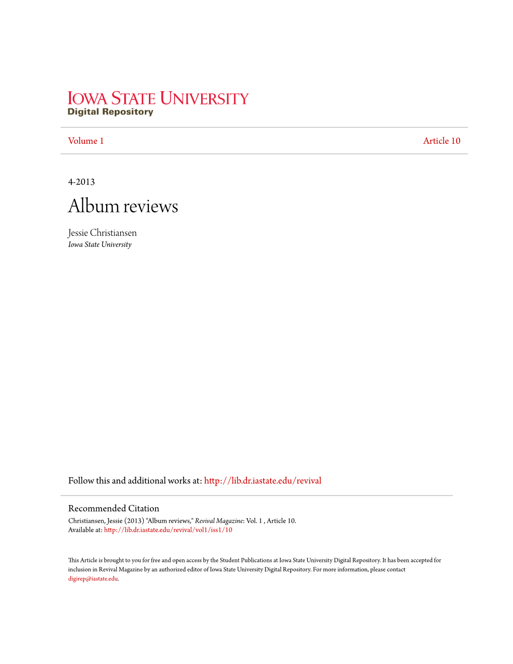 Album Reviews Jessie Christiansen Iowa State University