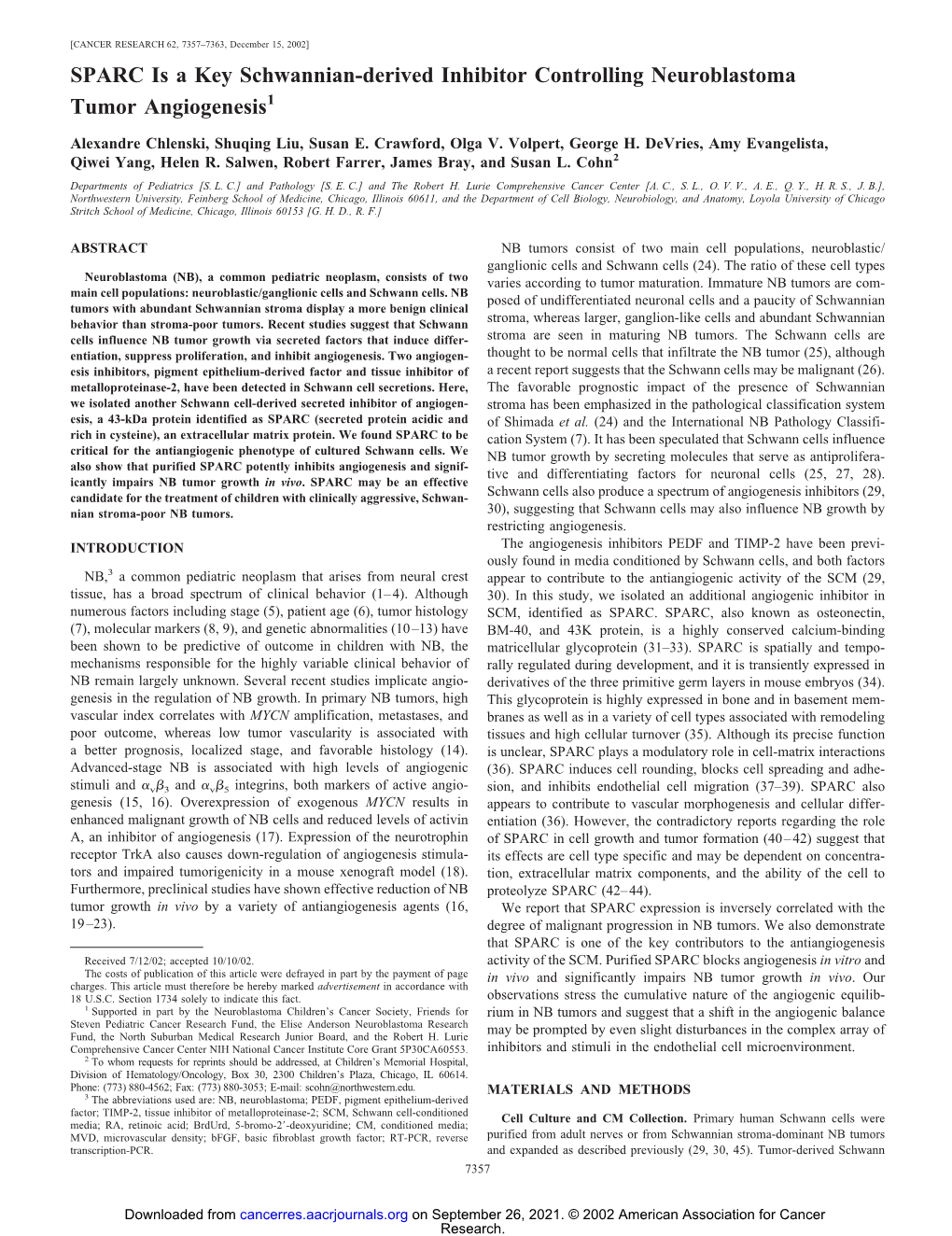 SPARC Is a Key Schwannian-Derived Inhibitor Controlling Neuroblastoma Tumor Angiogenesis1